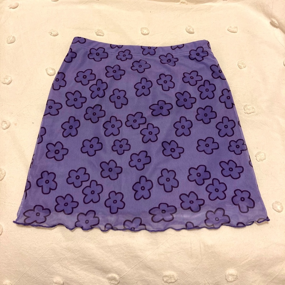 Mesh Flower Printed Skirt with Lettuce trim